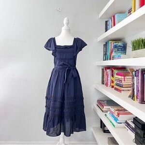 Draper James Navy embroidered tiered flutter sleeve midi dress size small